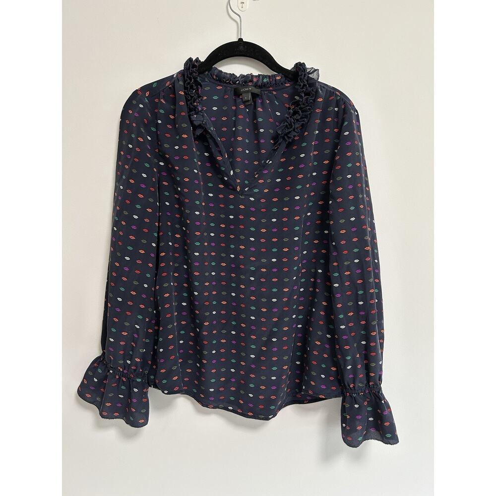 Jcrew 100% Silk Blouse Top Ruffle Navy Lips Long Sleeve Women's Size 6‎ Split